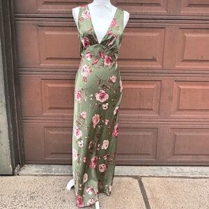 Floral V-Neck Maxi Dress in Olive Green